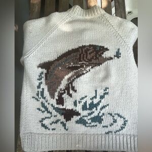 True Vintage Hand Knit Mary Maxim Fishing Sweater Cardigan Cottage Core Size L